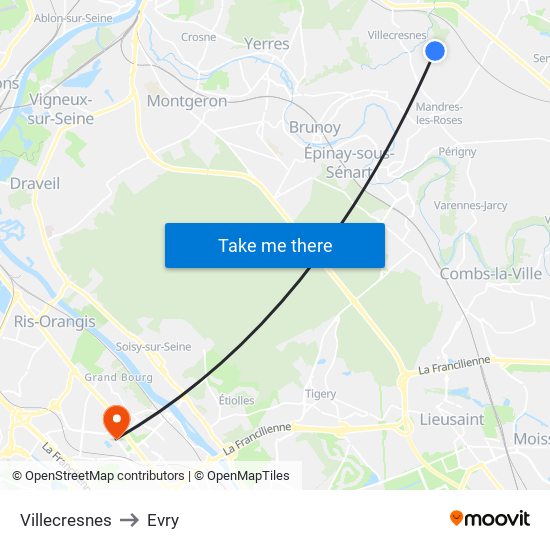 Villecresnes to Evry map