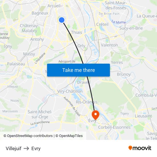 Villejuif to Evry map