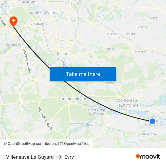 Villeneuve-La-Guyard to Evry map