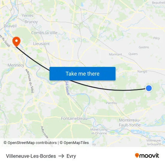 Villeneuve-Les-Bordes to Evry map