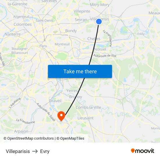 Villeparisis to Evry map