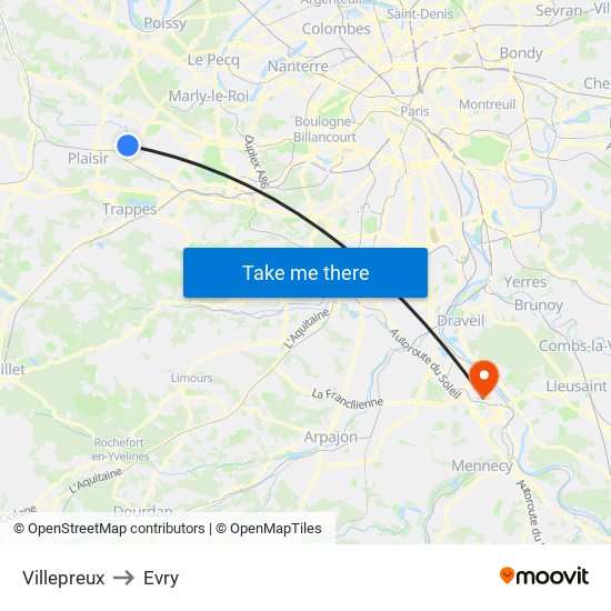 Villepreux to Evry map