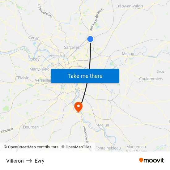 Villeron to Evry map
