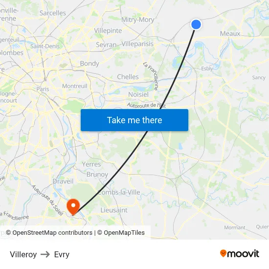 Villeroy to Evry map