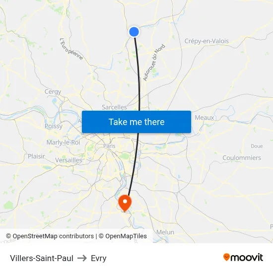 Villers-Saint-Paul to Evry map