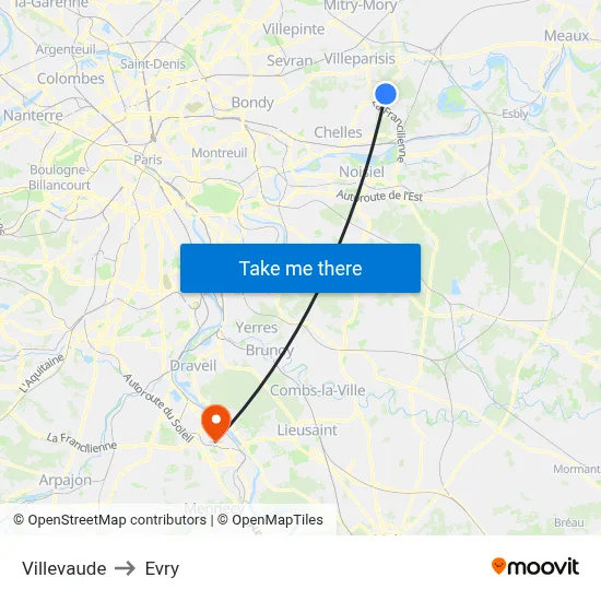 Villevaude to Evry map