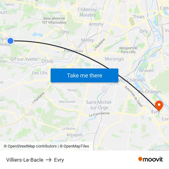 Villiers-Le-Bacle to Evry map