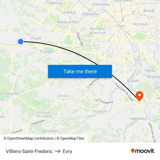 Villiers-Saint-Frederic to Evry map