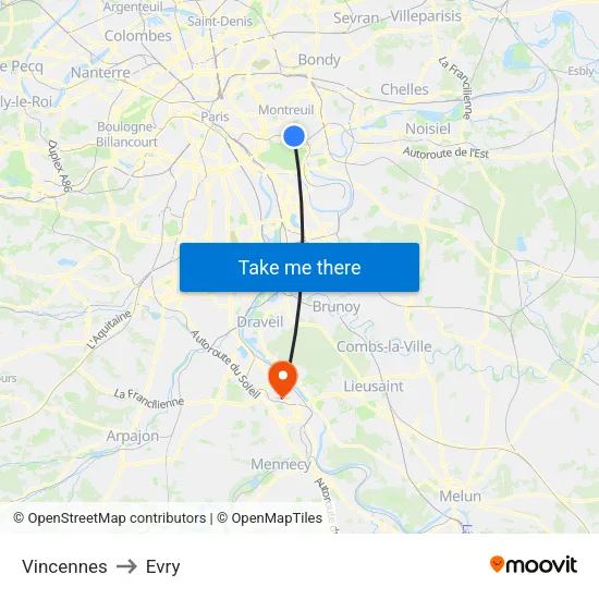 Vincennes to Evry map