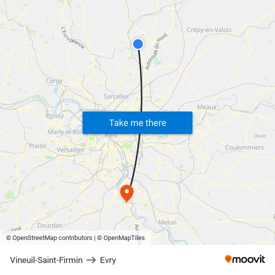 Vineuil-Saint-Firmin to Evry map