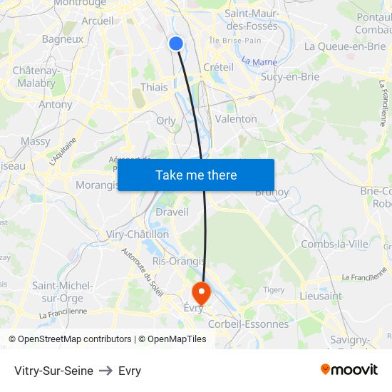 Vitry-Sur-Seine to Evry map