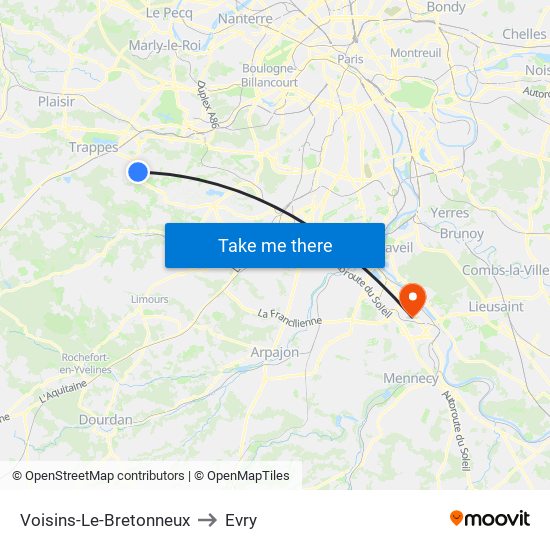 Voisins-Le-Bretonneux to Evry map