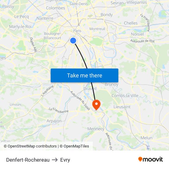 Denfert-Rochereau to Evry map