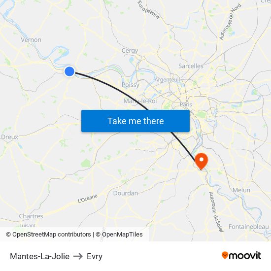 Mantes-La-Jolie to Evry map