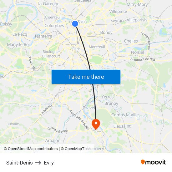 Saint-Denis to Evry map