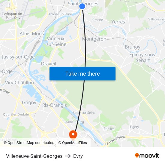 Villeneuve-Saint-Georges to Evry map