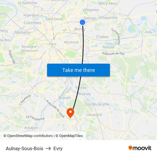 Aulnay-Sous-Bois to Evry map