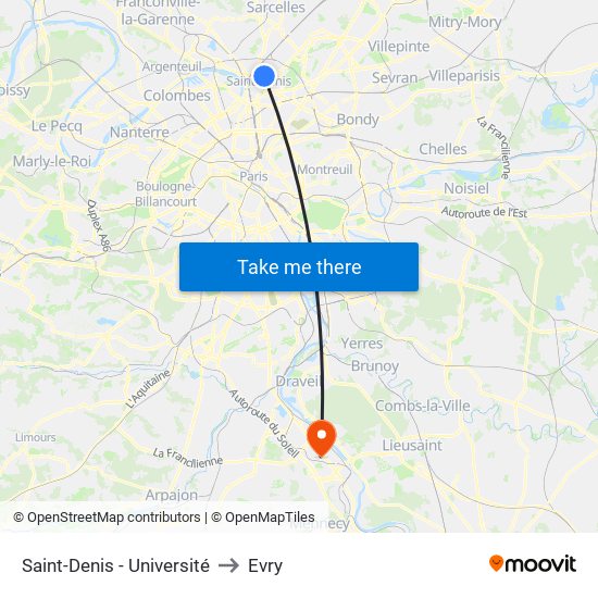 Saint-Denis - Université to Evry map