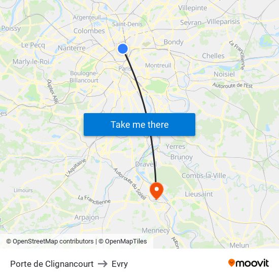 Porte de Clignancourt to Evry map