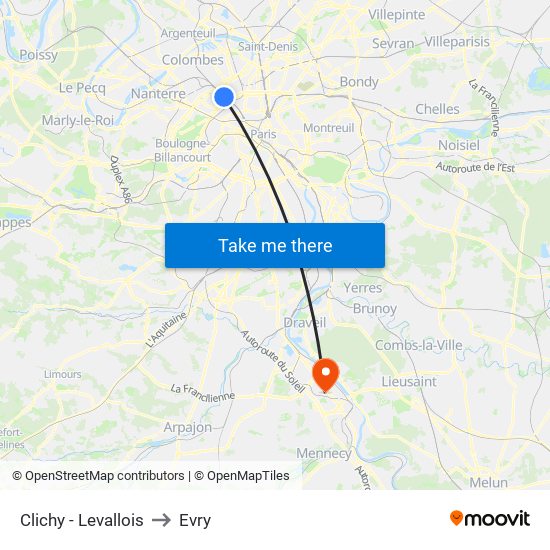 Clichy - Levallois to Evry map