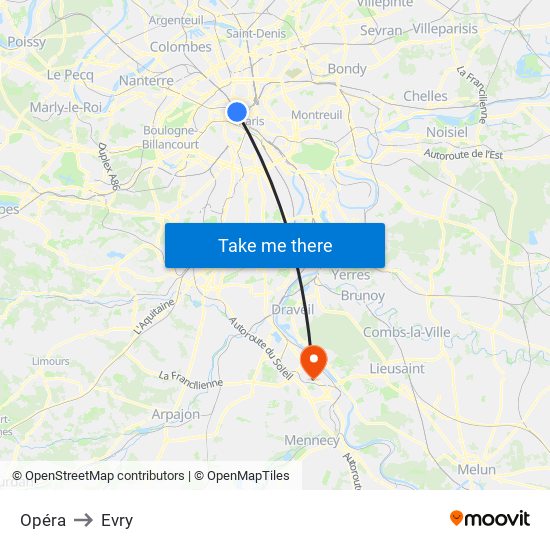 Opéra to Evry map