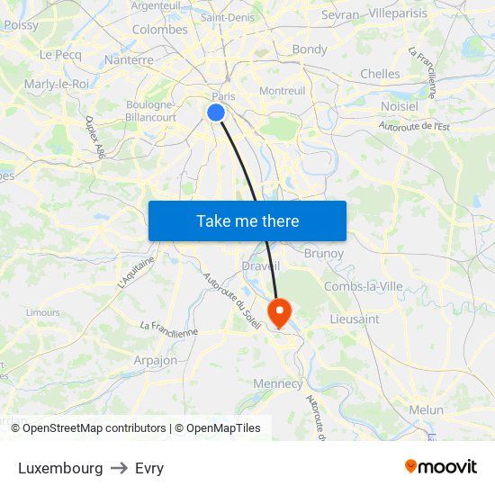 Luxembourg to Evry map