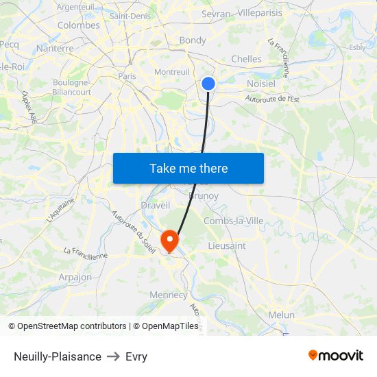 Neuilly-Plaisance to Evry map