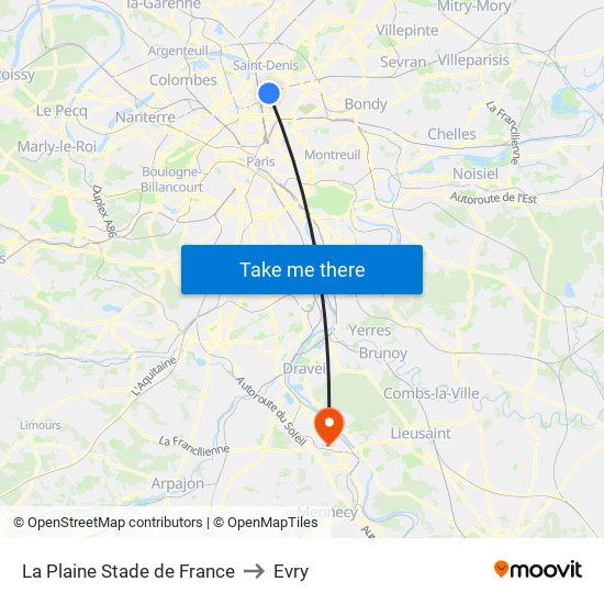 La Plaine Stade de France to Evry map