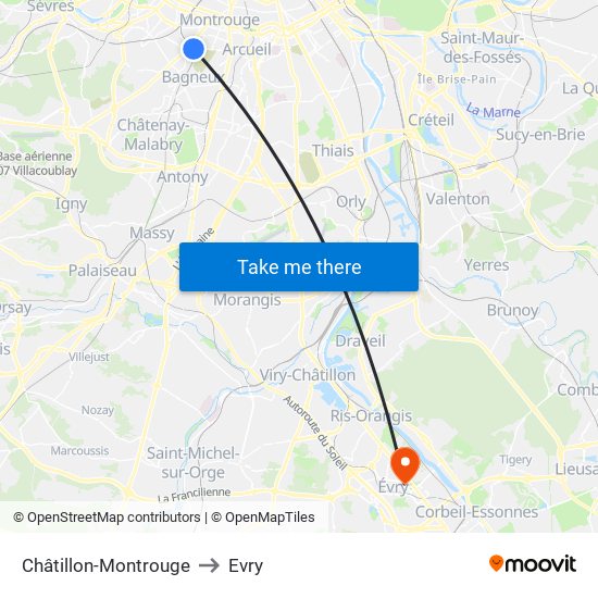 Châtillon-Montrouge to Evry map