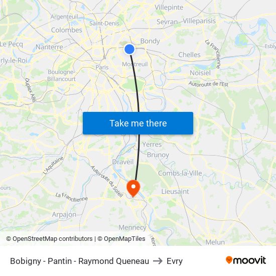 Bobigny - Pantin - Raymond Queneau to Evry map