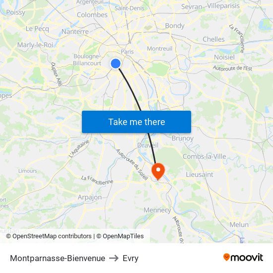 Montparnasse-Bienvenue to Evry map