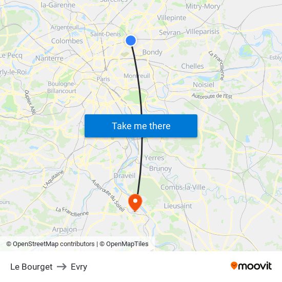 Le Bourget to Evry map