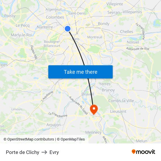 Porte de Clichy to Evry map