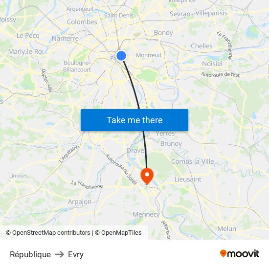 République to Evry map
