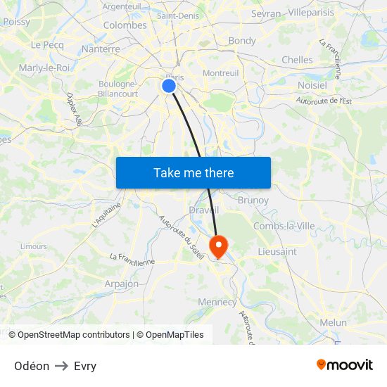 Odéon to Evry map