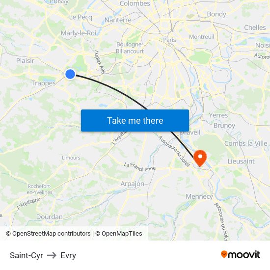 Saint-Cyr to Evry map
