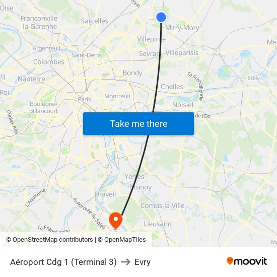 Aéroport Cdg 1 (Terminal 3) to Evry map