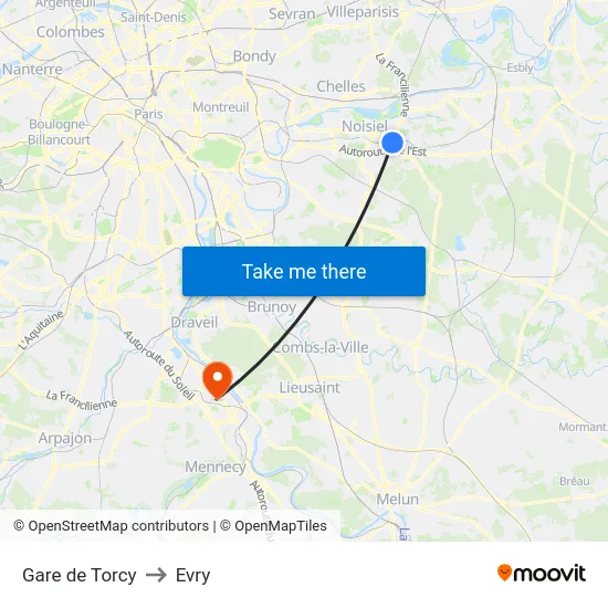 Gare de Torcy to Evry map