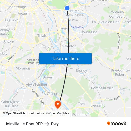Joinville-Le-Pont RER to Evry map