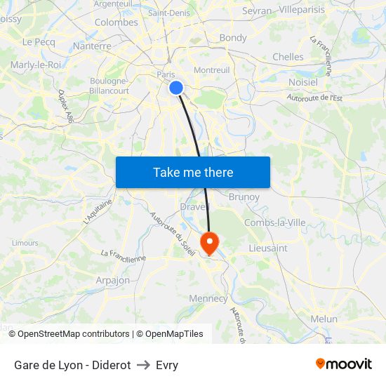 Gare de Lyon - Diderot to Evry map