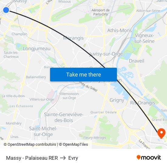 Massy - Palaiseau RER to Evry map