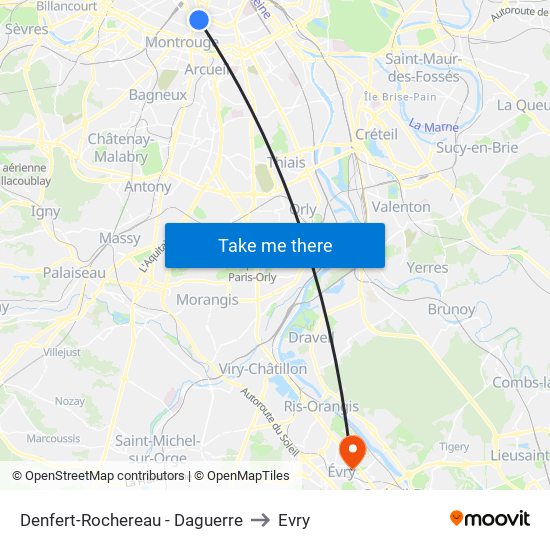 Denfert-Rochereau - Daguerre to Evry map