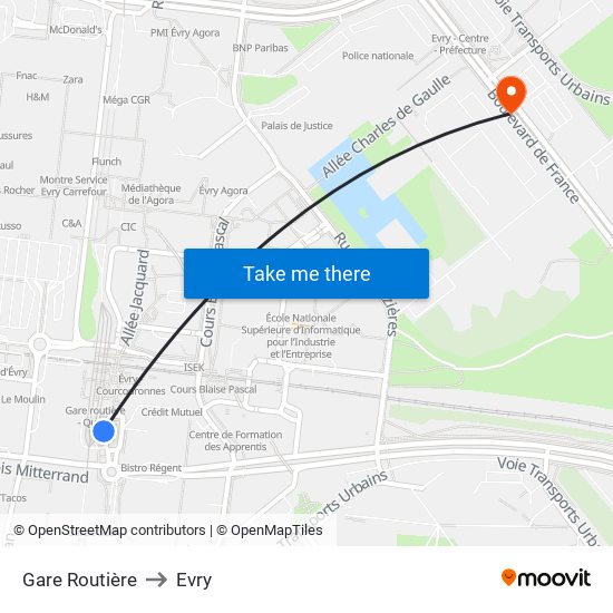 Gare Routière to Evry map
