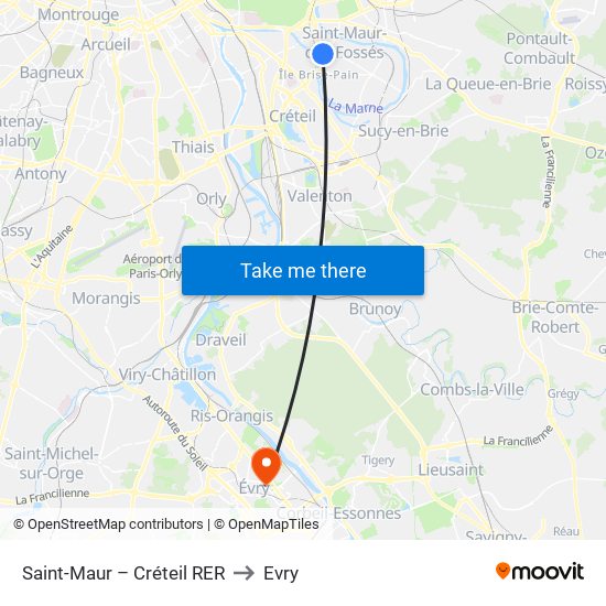 Saint-Maur – Créteil RER to Evry map