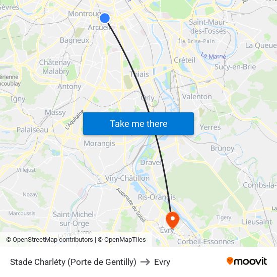 Stade Charléty (Porte de Gentilly) to Evry map