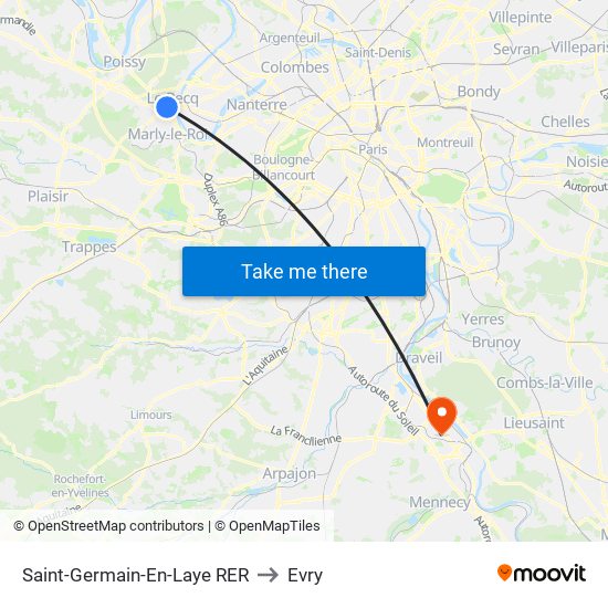Saint-Germain-En-Laye RER to Evry map