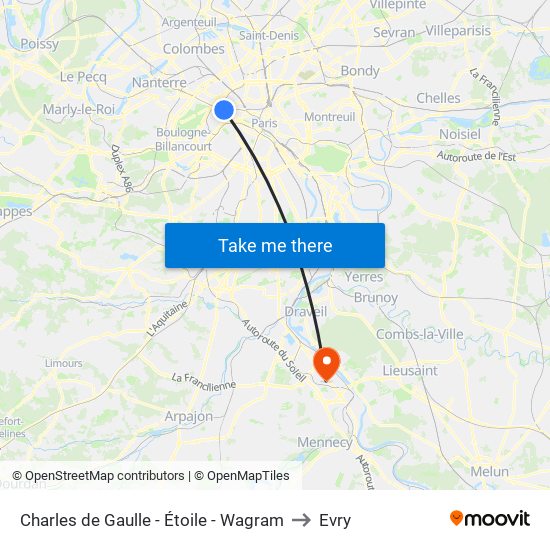 Charles de Gaulle - Étoile - Wagram to Evry map