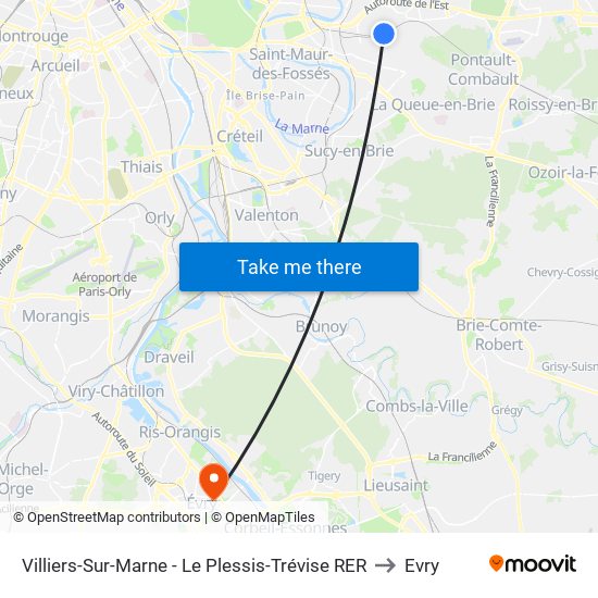 Villiers-Sur-Marne - Le Plessis-Trévise RER to Evry map