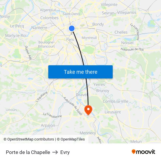 Porte de la Chapelle to Evry map