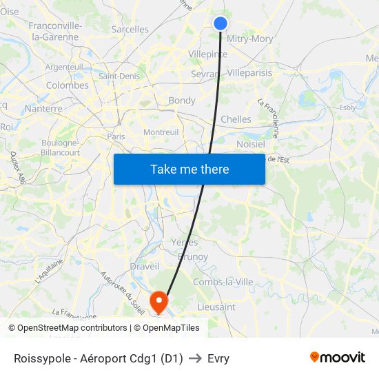 Roissypole - Aéroport Cdg1 (D1) to Evry map